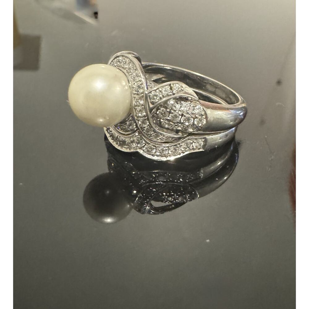 Size 6.5 Engagement Set Ring Pearl, Zircon, Sterling Silver, Rhodium Plated